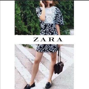 ZARA + Dress Floral Embroidered Bib Tunic Black